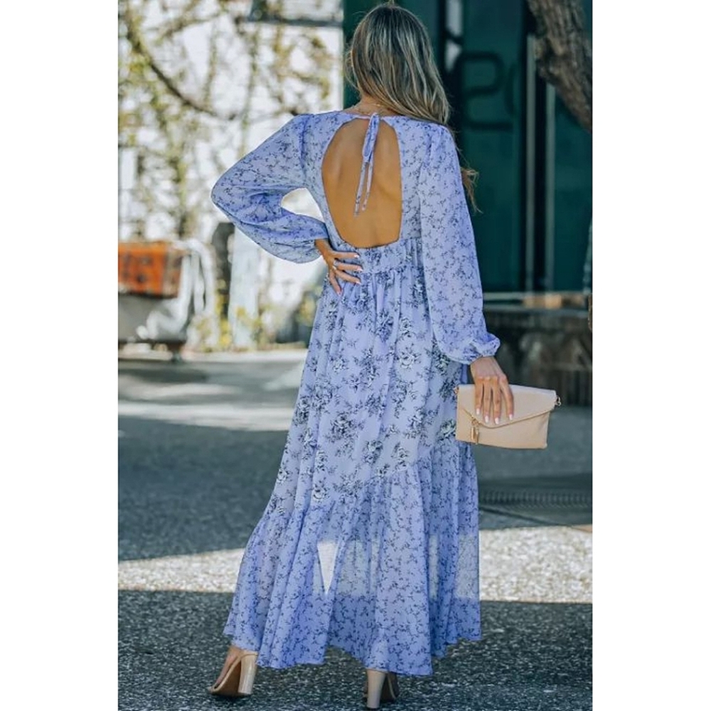 LAST ONE! Plus Size DREW Blue Floral Print Maxi Dress With Bubble Sleeves - Picture 6 of 7